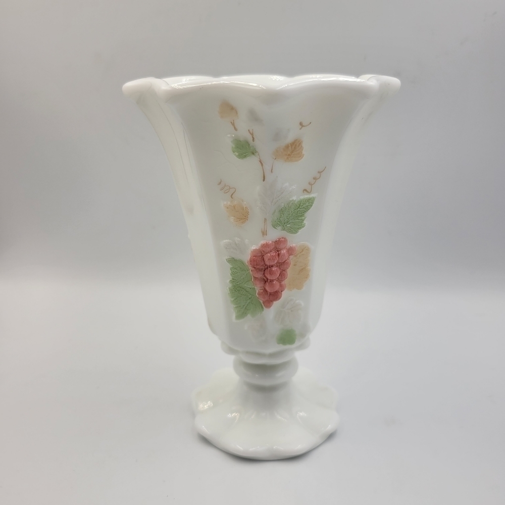Westmoreland Milk Glass Hand Painted Grape Fluted Vase/ Vintage Milk Glass Vase